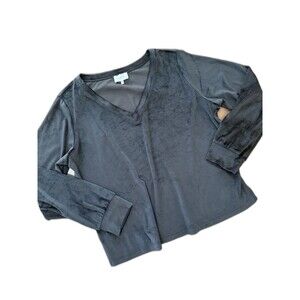 Cozy Black Velour V-Neck Pullover Top Soft Lounge Long Sleeve Relaxed Fit XXL